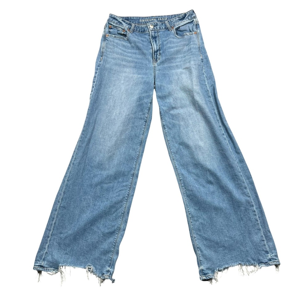 American Eagle Wide Leg Jeans Womens 10 Light Blue Stretch Frayed Hem High Rise